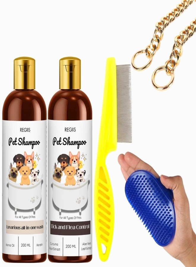 مجموعة شامبو الحيوانات الأليفة من ريجيس مع مكافحة البراغيث، وأدوات العناية، وزجاجتين سعة 200 مل، وفرشاة للكلاب، ومشط للبراغيث، وسلسلة ذهبية (عبوة من 5 قطع) - Image 1